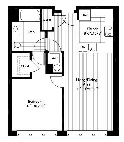 Floor plan for 1 bed, 1 bath, 749 sqft